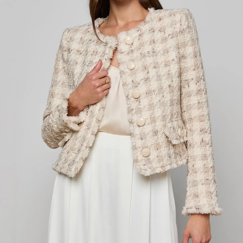 L'AGENCE Zell Houndstooth Tweed Jacket in Taupe/Grey